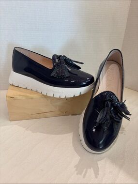 Wonders Navy Patent Tassel Loafers with White Platform Sole